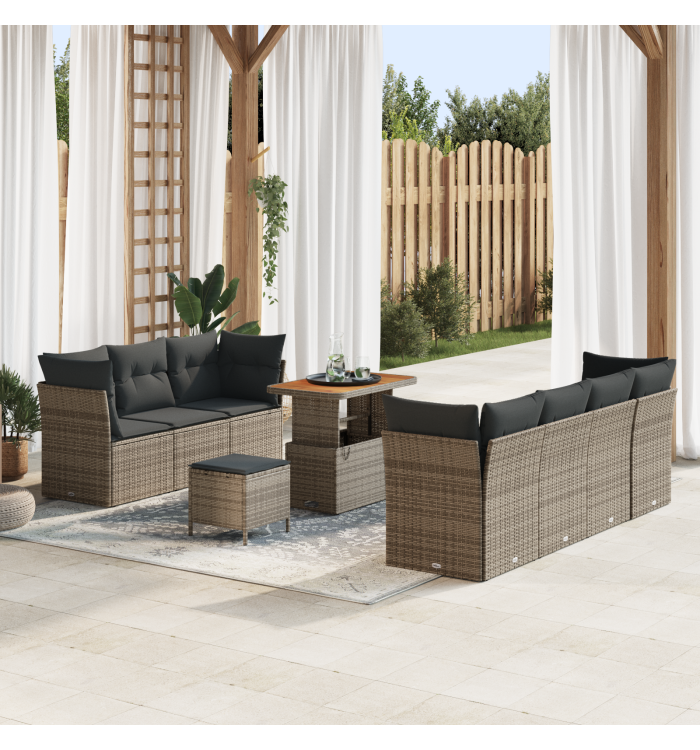 Ensemble de Canapés de Jardin 10 Pièces avec Coussins Gris en Poly Rattan | Mobilier & Déco
