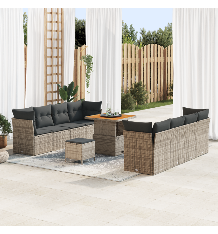 Ensemble de canapé de jardin 11 pièces avec coussins en gris poly rotin acacia | Mobilier & Déco