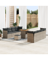 Ensemble de canapé de jardin 11 pièces avec coussins en gris poly rotin acacia | Mobilier & Déco
