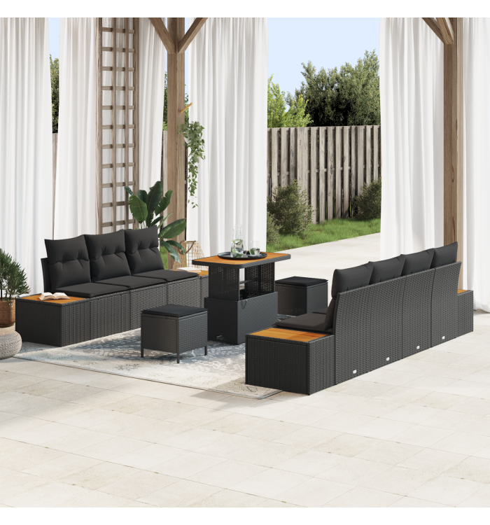 Ensemble de Canapés de Jardin de 10 Pièces avec Coussins Noir Rotin Poly | Mobilier & Déco