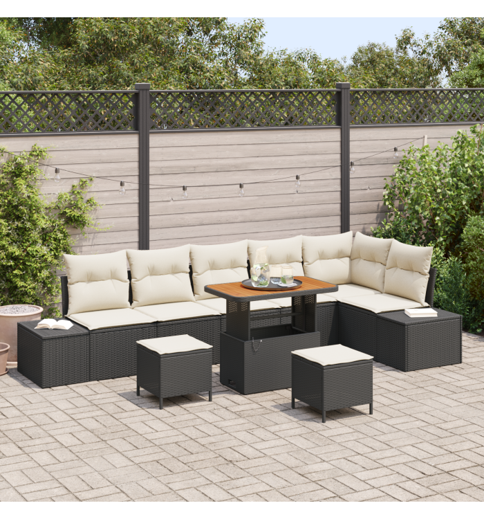 Ensemble de canapés de jardin 9 pièces avec coussins en poly rotin noir | Mobilier & Déco