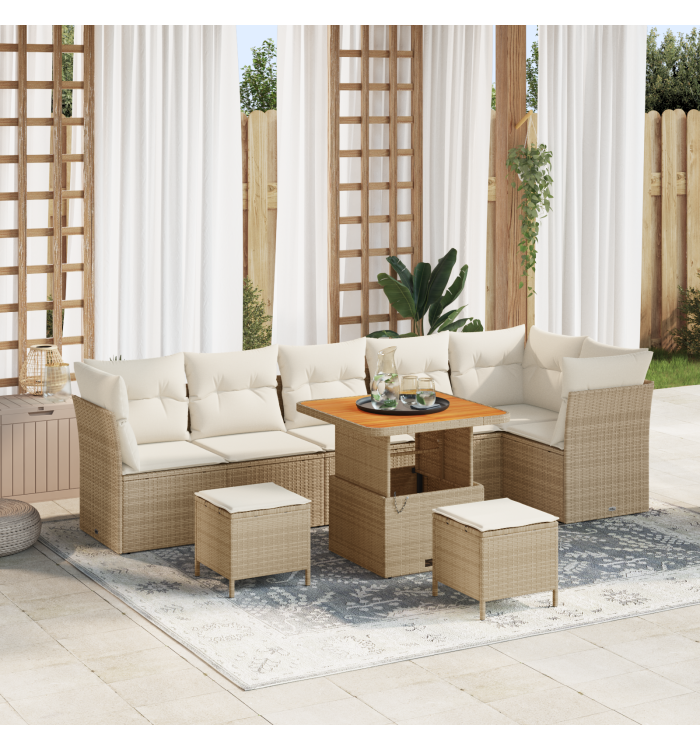 Ensemble de Canapés de Jardin 9 Pièces avec Coussins Beiges Poly Rattan Acacia | Mobilier & Déco