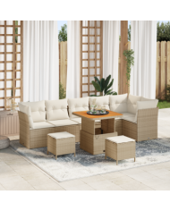 Ensemble de Canapés de Jardin 9 Pièces avec Coussins Beiges Poly Rattan Acacia | Mobilier & Déco