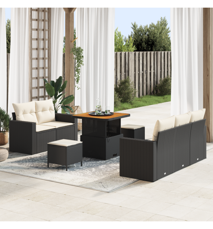 Ensemble de canapé de jardin 8 pièces avec coussins noir en poly rattan et acacia | Mobilier & Déco