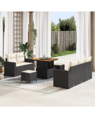 Ensemble de canapé de jardin 8 pièces avec coussins noir en poly rattan et acacia | Mobilier & Déco
