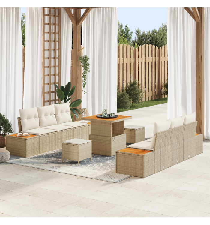 Ensemble de Canapés de Jardin 9 Pièces avec Coussins Beige Poly Rattan Acacia | Mobilier & Déco
