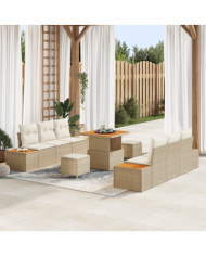 Ensemble de Canapés de Jardin 9 Pièces avec Coussins Beige Poly Rattan Acacia | Mobilier & Déco