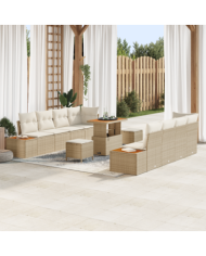 Ensemble de canapé de jardin 11 pièces avec coussins beige poly rotin acacia | Mobilier & Déco