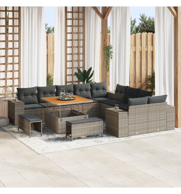 Ensemble de Canapé de Jardin 13 Pièces avec Coussins Gris en Poly Rotin | Mobilier & Déco