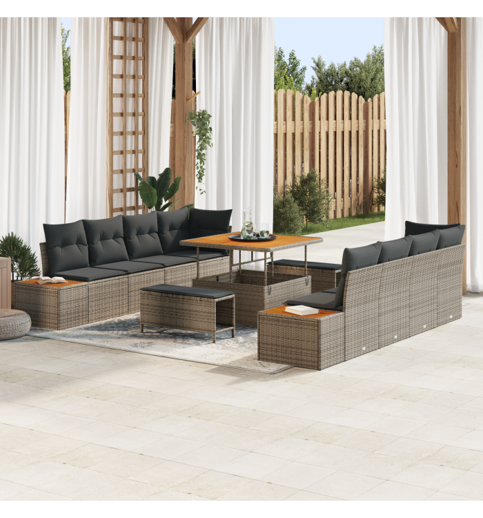Ensemble de Canapé de Jardin 11 Pièces avec Coussins Gris Poly Rotin Acacia | Mobilier & Déco