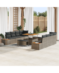 Ensemble de Canapé de Jardin 11 Pièces avec Coussins Gris Poly Rotin Acacia | Mobilier & Déco