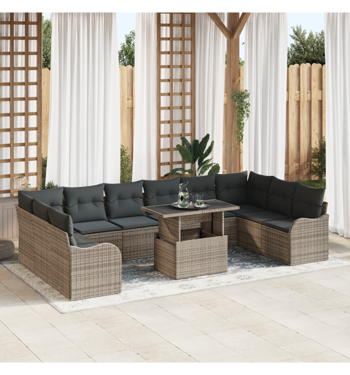 Ensemble de Canapé de Jardin 11 Pièces avec Coussins Gris Poly Rattan, Canapé de Jardin 2 Places avec Coussins Gris Poly Rattan 