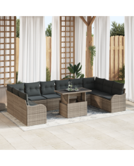 Ensemble de Canapé de Jardin 11 Pièces avec Coussins Gris Poly Rattan, Canapé de Jardin 2 Places avec Coussins Gris Poly Rattan 