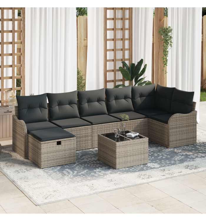 Ensemble de canapé de jardin 8 pièces avec coussins gris en rattan synthétique | Mobilier & Déco