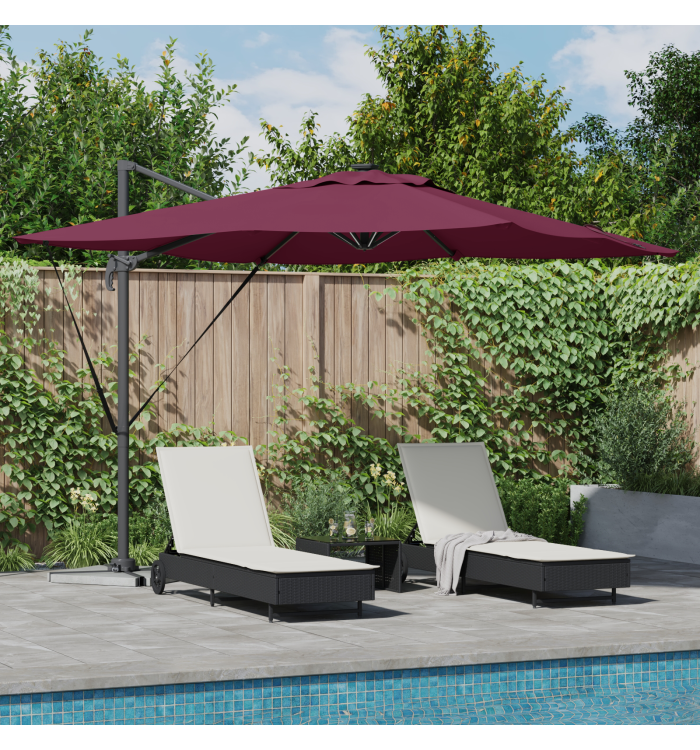 Parasol Déporté Roma avec LED Rouge Bourgogne 286x285x270 cm Aluminium | Mobilier & Déco