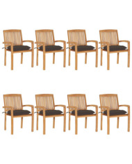 Chaises de jardin empilables avec coussins lot de 8 Teck solide | Mobilier & Déco