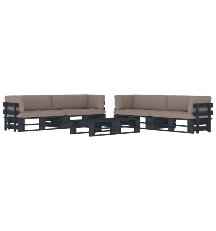 Salon de jardin palette 6pcs avec coussins Pin imprégné de noir | Mobilier & Déco