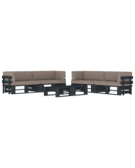 Salon de jardin palette 6pcs avec coussins Pin imprégné de noir | Mobilier & Déco