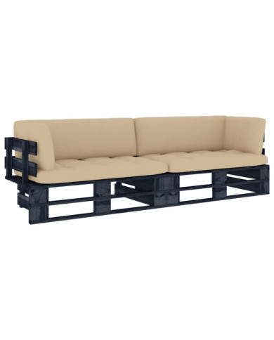Canapé palette 2 places avec coussins Pin imprégné de noir | Mobilier & Déco