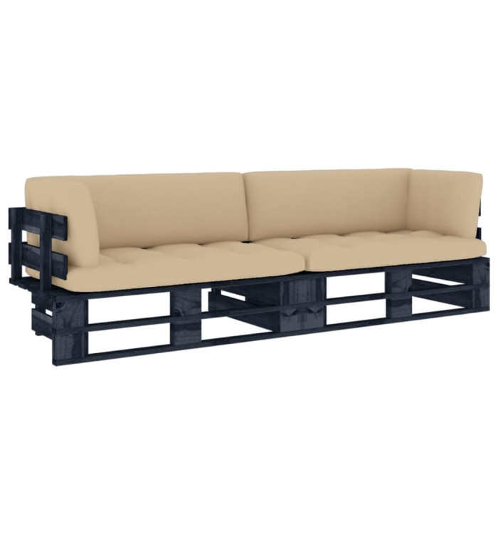 Canapé palette 2 places avec coussins Pin imprégné de noir | Mobilier & Déco