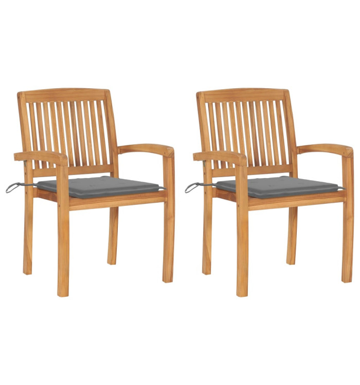 Chaises de jardin lot de 2 et coussins gris Bois de teck massif | Mobilier & Déco