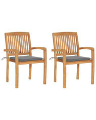 Chaises de jardin lot de 2 et coussins gris Bois de teck massif | Mobilier & Déco