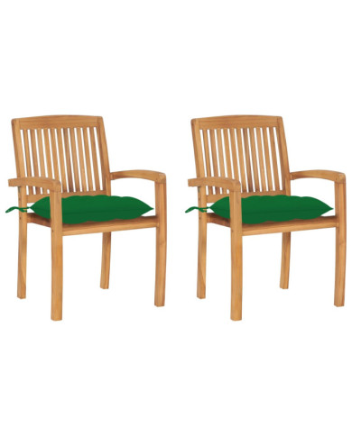 Chaises de jardin lot de 2 et coussins vert Bois de teck massif | Mobilier & Déco