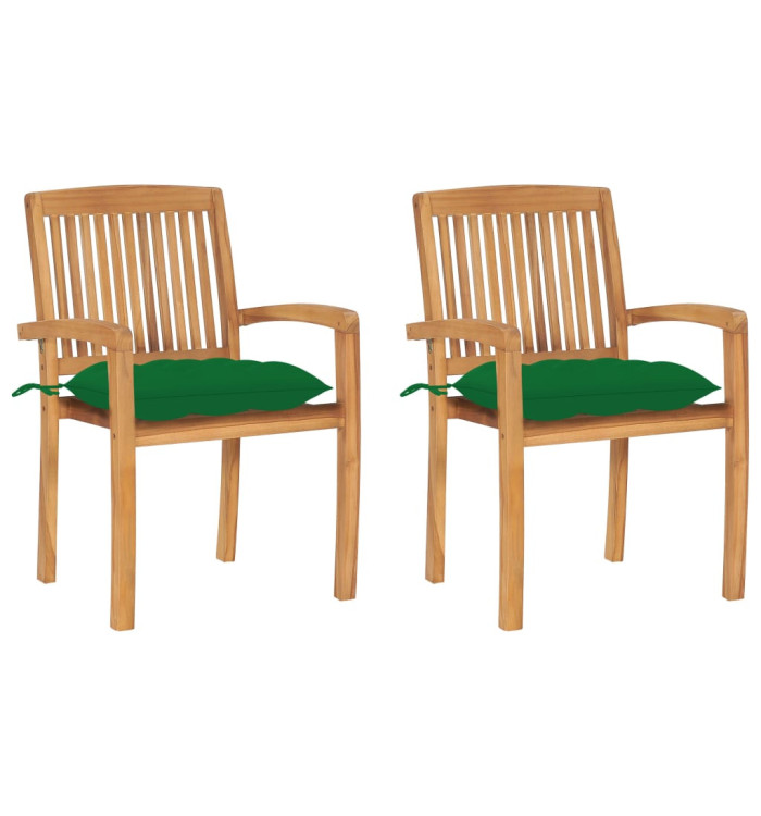 Chaises de jardin lot de 2 et coussins vert Bois de teck massif | Mobilier & Déco