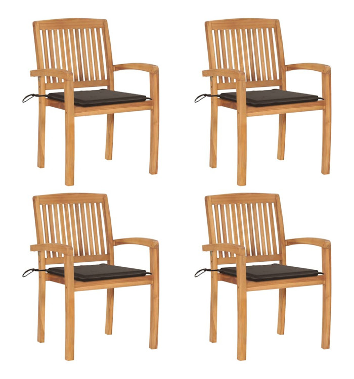 Chaises de jardin empilables avec coussins lot de 4 Teck solide | Mobilier & Déco