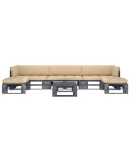 Salon de jardin palette 6pcs avec coussins Pin imprégné de gris | Mobilier & Déco