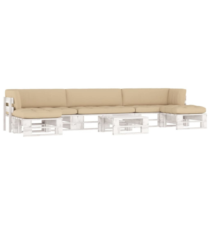 Salon de jardin palette 6 pcs et coussins Pin imprégné de blanc | Mobilier & Déco