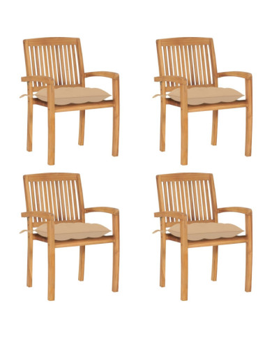 Chaises de jardin empilables avec coussins lot de 4 Teck solide | Mobilier & Déco