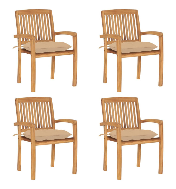 Chaises de jardin empilables avec coussins lot de 4 Teck solide | Mobilier & Déco