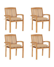 Chaises de jardin empilables avec coussins lot de 4 Teck solide | Mobilier & Déco