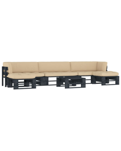 Salon de jardin palette 6pcs avec coussins Pin imprégné de noir | Mobilier & Déco