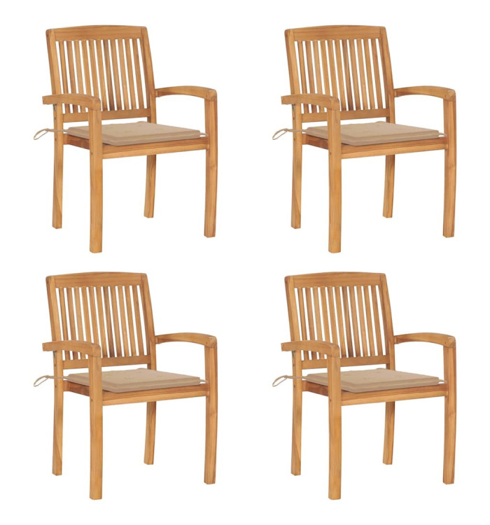 Chaises de jardin empilables avec coussins lot de 4 Teck solide | Mobilier & Déco