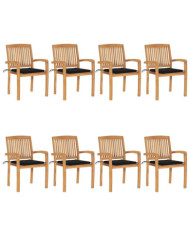 Chaises de jardin empilables avec coussins lot de 8 Teck solide | Mobilier & Déco