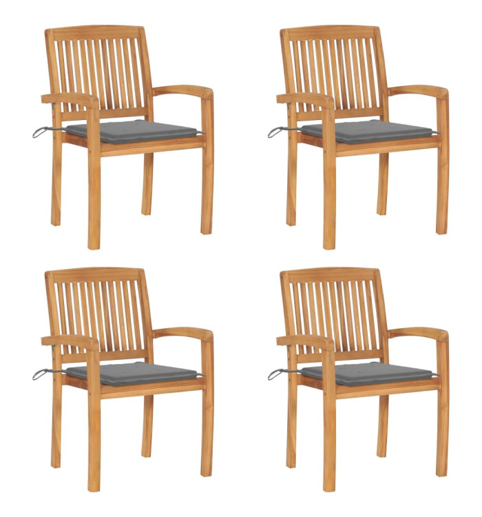 Chaises de jardin empilables avec coussins lot de 4 Teck solide | Mobilier & Déco