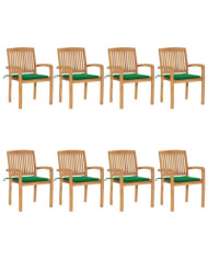 Chaises de jardin empilables avec coussins lot de 8 Teck solide | Mobilier & Déco