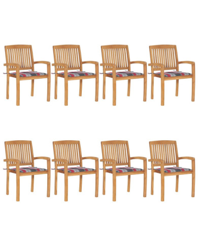 Chaises de jardin empilables avec coussins lot de 8 Teck solide | Mobilier & Déco
