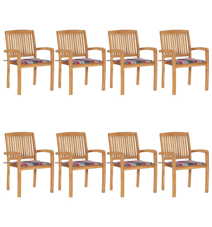 Chaises de jardin empilables avec coussins lot de 8 Teck solide | Mobilier & Déco