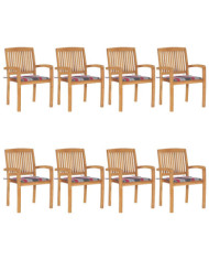 Chaises de jardin empilables avec coussins lot de 8 Teck solide | Mobilier & Déco