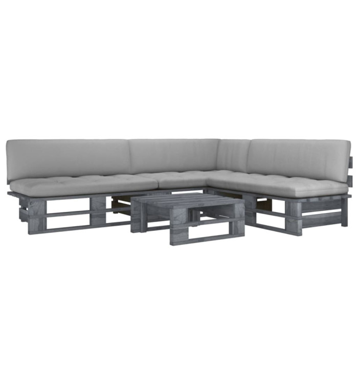 Salon de jardin palette 4pcs avec coussins Pin imprégné de gris | Mobilier & Déco