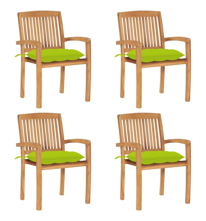 Chaises de jardin empilables avec coussins lot de 4 Teck solide | Mobilier & Déco