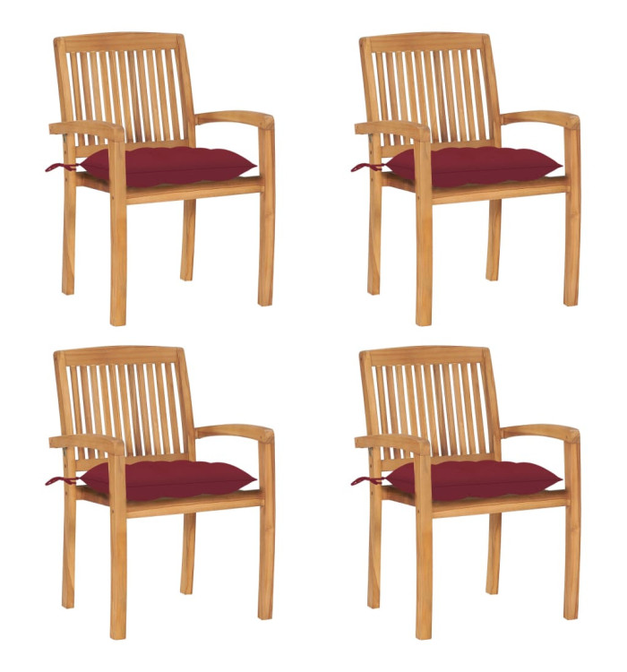 Chaises de jardin empilables avec coussins lot de 4 Teck solide | Mobilier & Déco