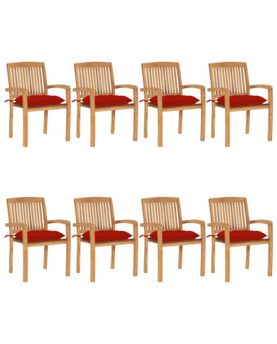 Chaises de jardin empilables avec coussins lot de 8 Teck solide | Mobilier & Déco