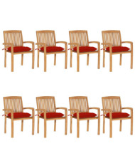 Chaises de jardin empilables avec coussins lot de 8 Teck solide | Mobilier & Déco