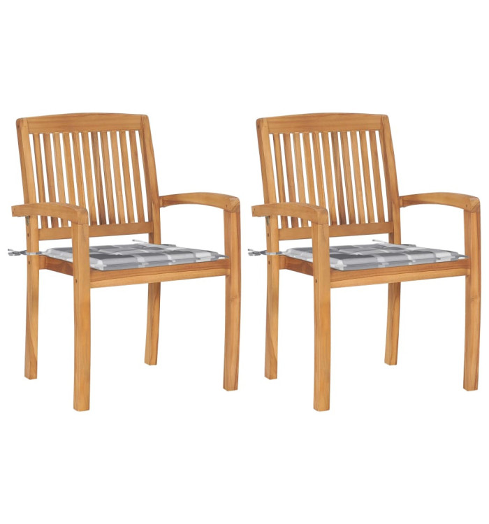 Chaises de jardin lot de 2 avec coussins à carreaux gris Teck | Mobilier & Déco