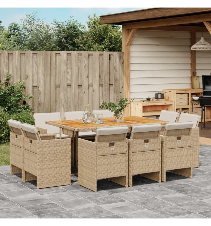 Ensemble à manger de jardin et coussins 11 pcs beige poly rotin | Mobilier & Déco