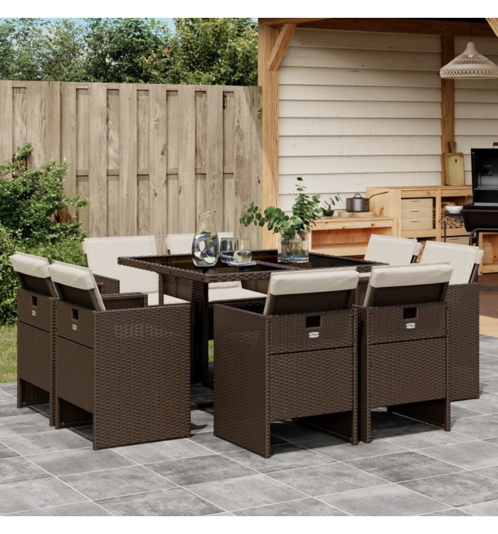 Ensemble à manger de jardin et coussins 9 pcs marron poly rotin | Mobilier & Déco